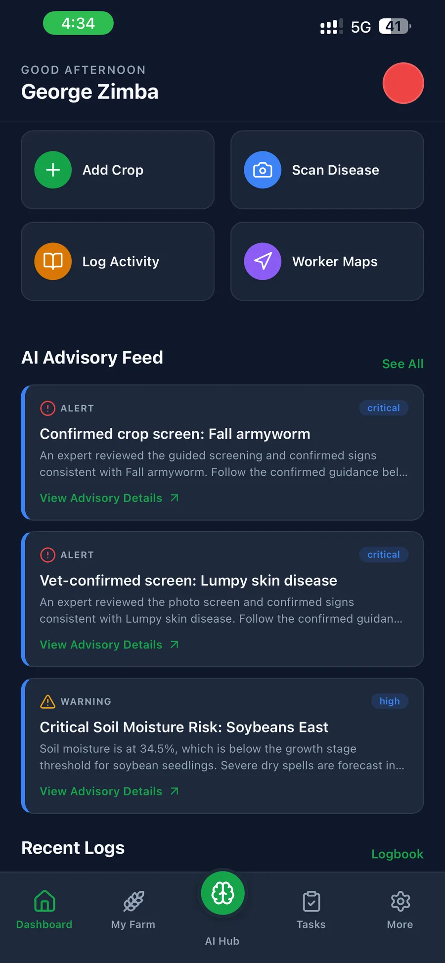 SmartFarmer mobile dashboard with an AI advisory feed of severity-ranked alerts