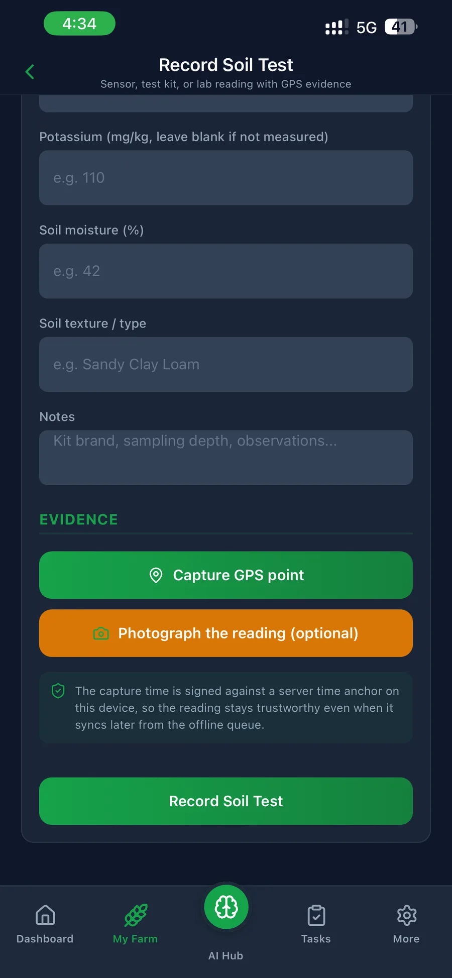 Recording a soil test with GPS capture signed against a server time anchor