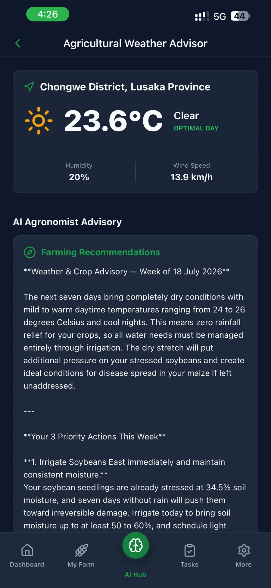 AI agronomist advisor turning a district forecast into prioritized crop-specific actions
