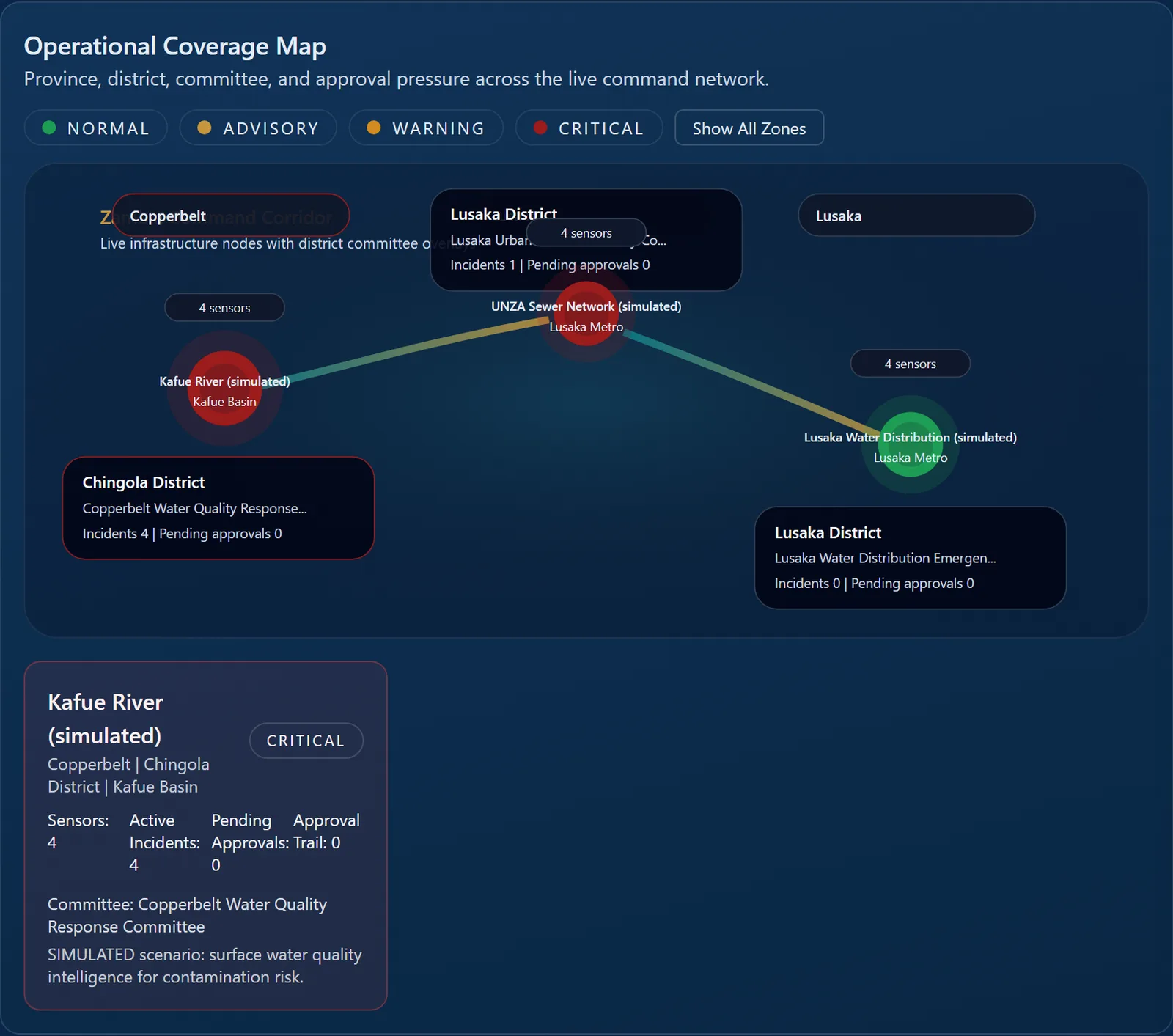 Operational coverage map of infrastructure nodes with severity and committee overlays