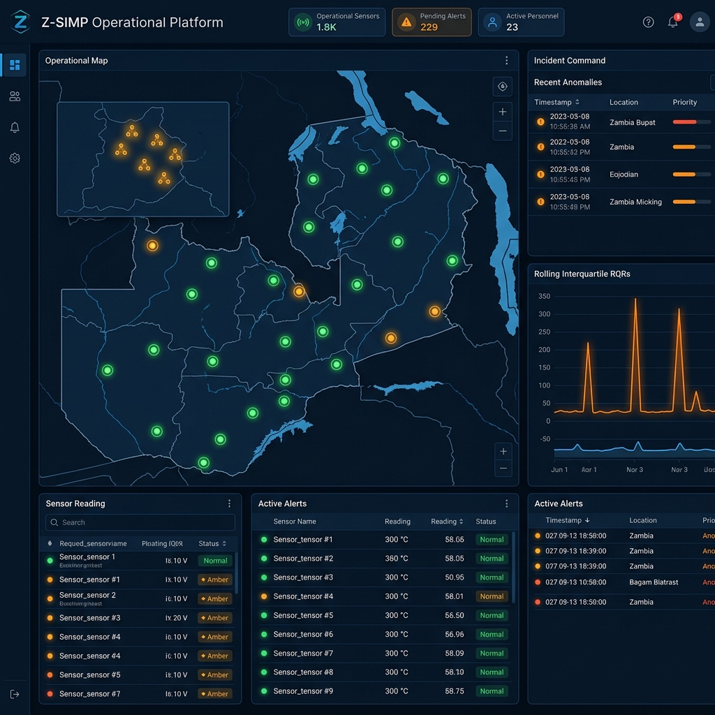 Z-SIMP operations command console with system health strip and national coverage rollups